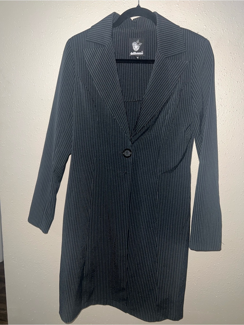 Dollhouse Black Pinstripe Single-Button Long Blazer